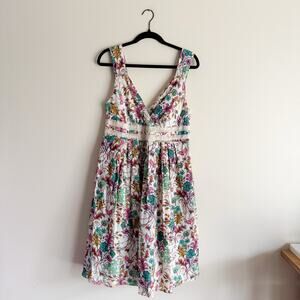 Sundance Cream + Multicolor Floral Print V Neck Midi Dress 12 Boho Cottagecore